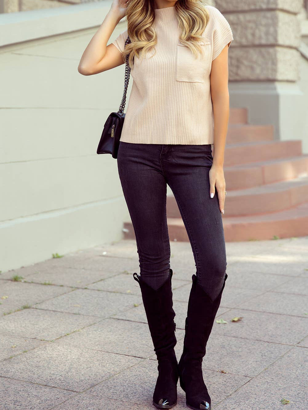 Patch Pocket Ribbed Knit Short Sleeve Sweater - Oatmeal