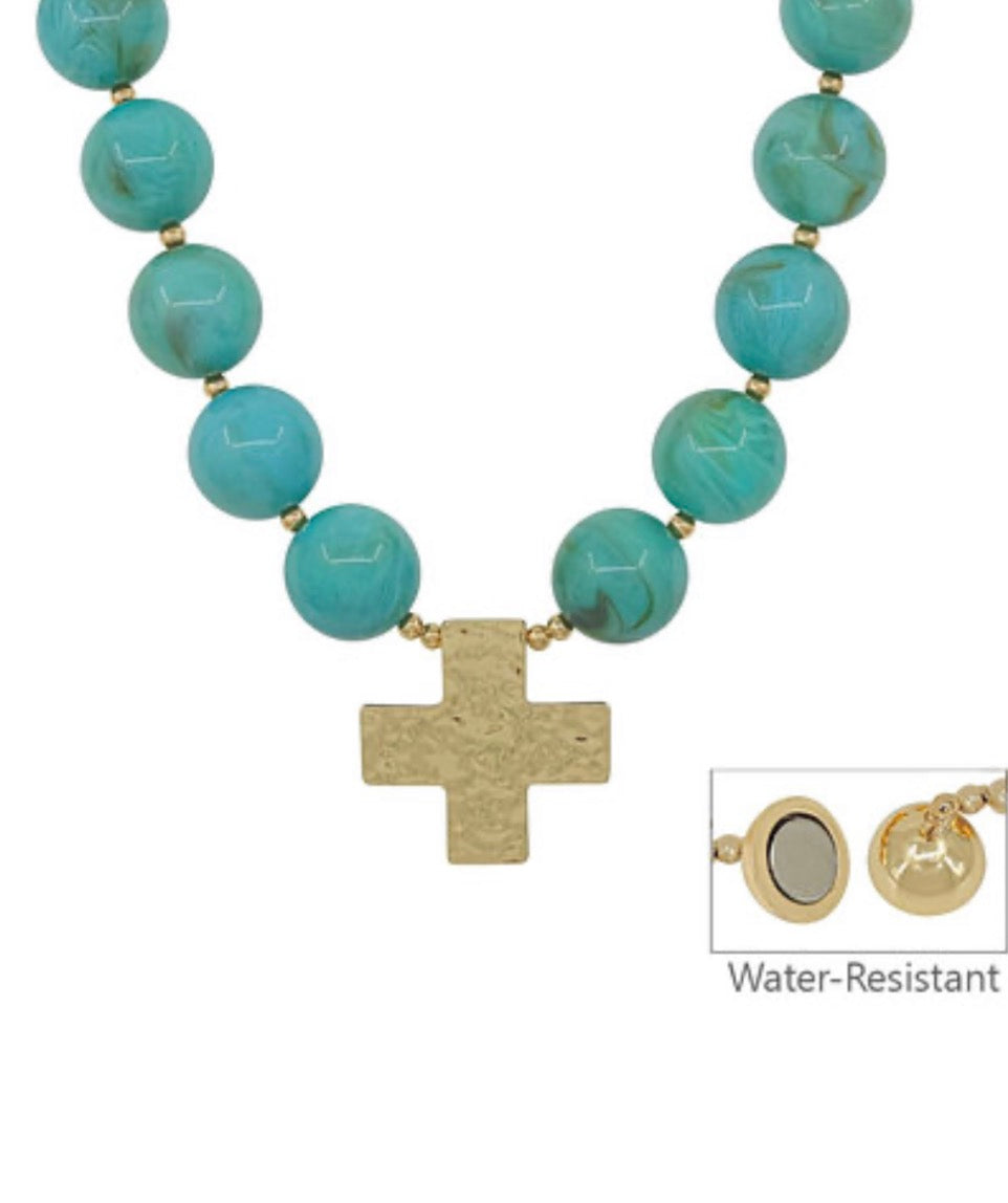 Beaded Cross Pendant Ball Necklace