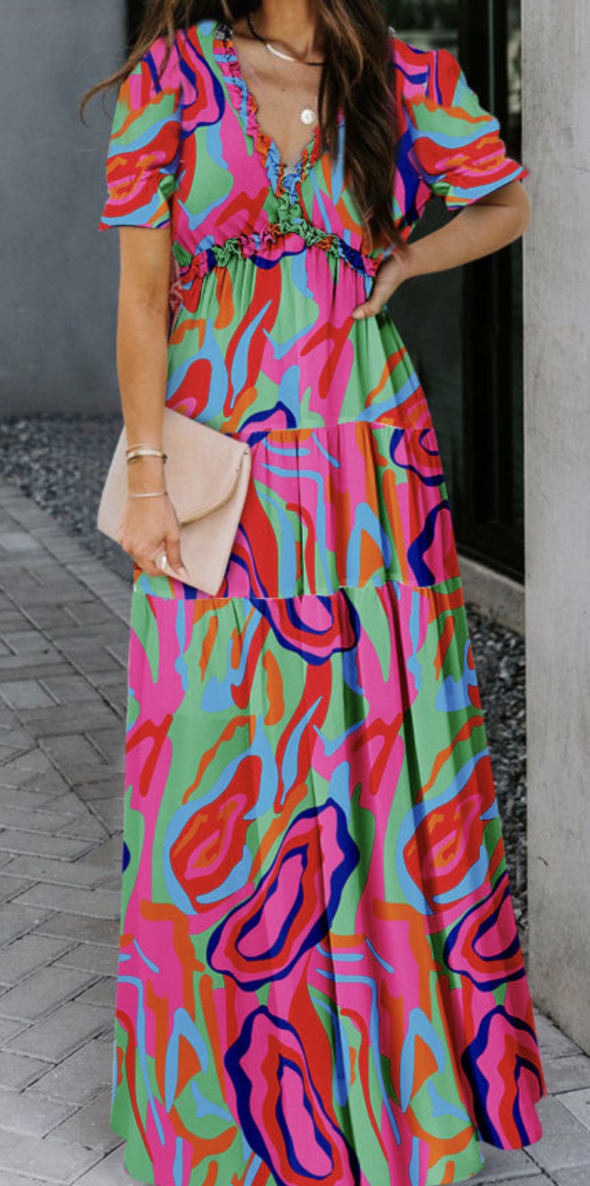 Multicolor Fiery Floral Print Neck Maxi Dress