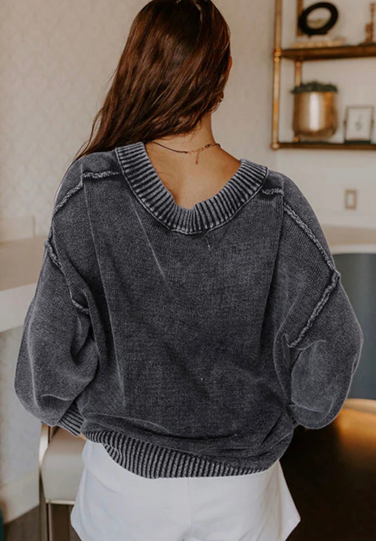 Mineral Wash V Neck Knit Exposed Seam Drop Shoulder Sweater