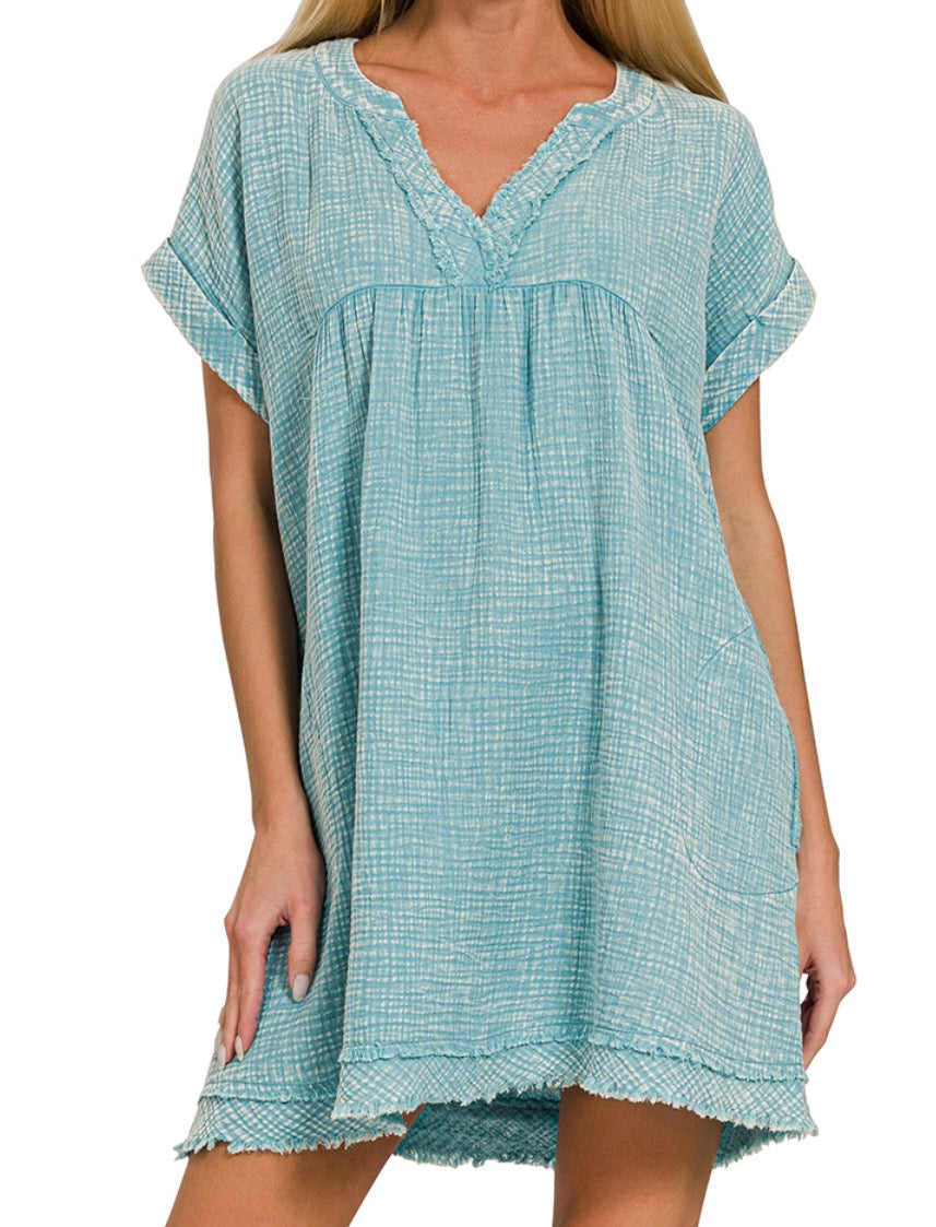 Washed Raw Hem V Neck Dress