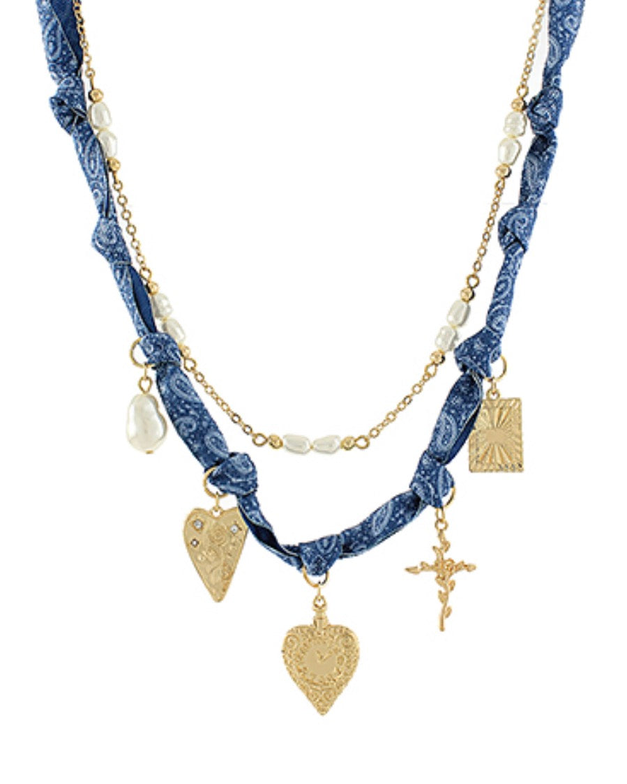 Layered Scarf & Heart Multi Charm Scarf Necklace