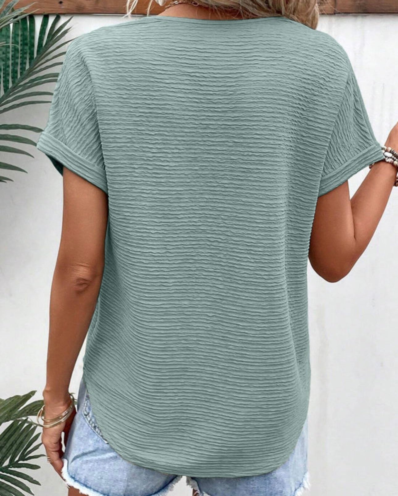 Textured Wide Sleeve V Neck Top