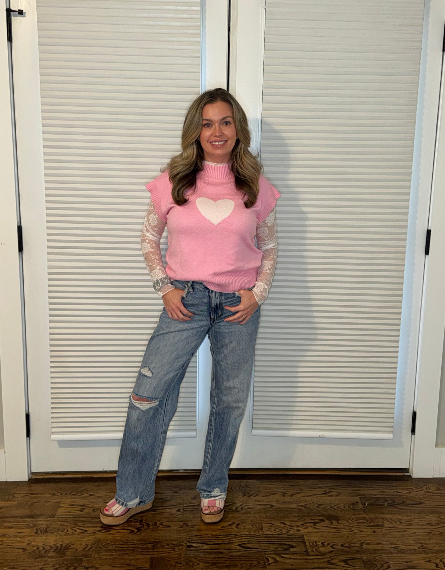 Pink Valentine Heart Graphic Cropped Short Sleeve Sweater