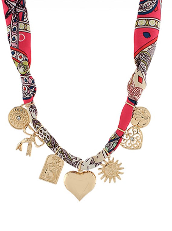 Heart & Multiple Charm Hot Pink Scarf Necklace