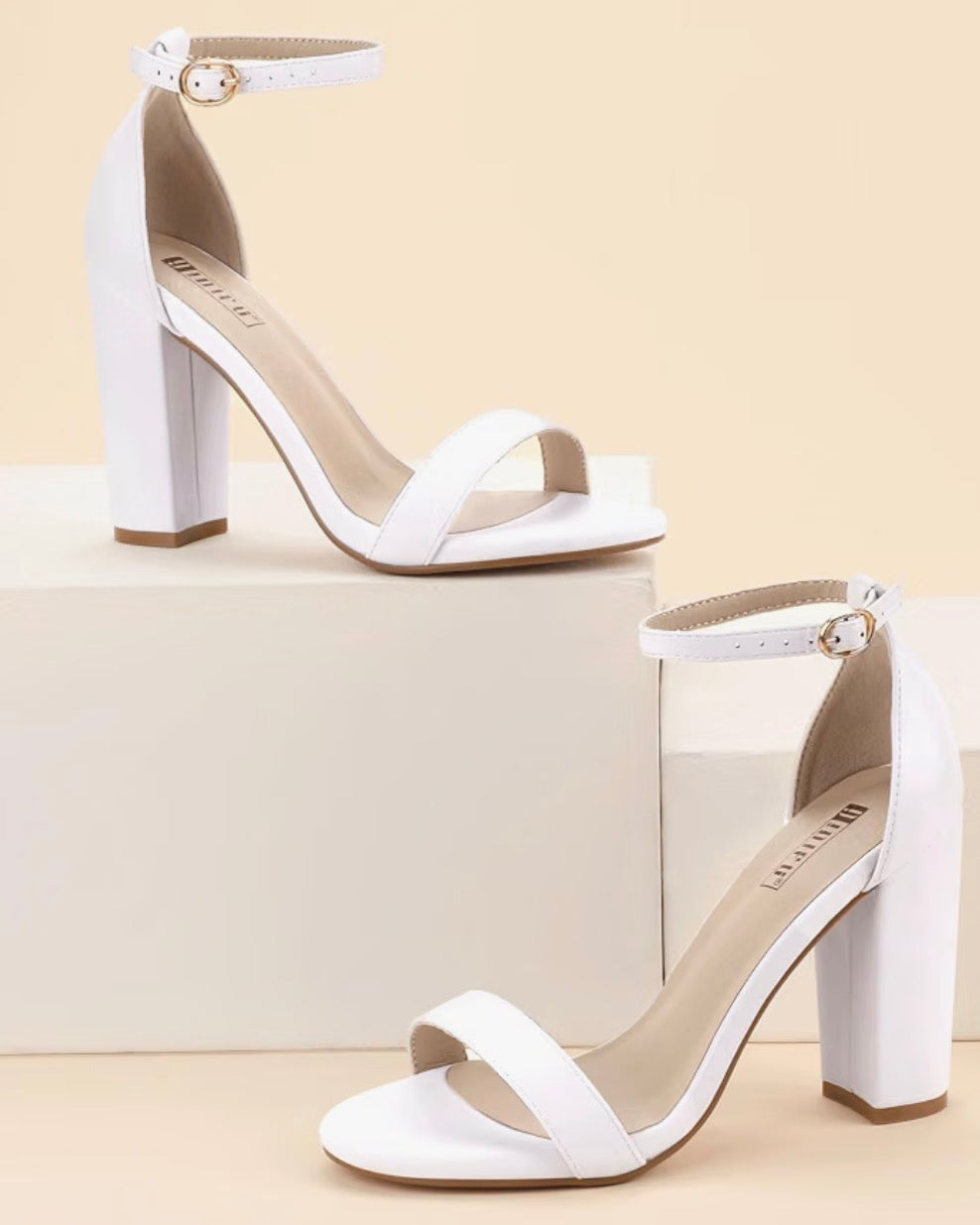 Women’s Chunky High Heel Sandals Open Toe Ankle Strap 4 Inch Heel - White