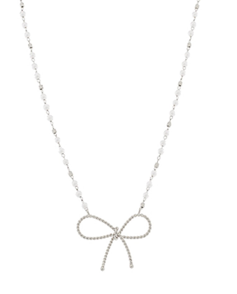 Silver Textured Bow & Pearl Chain Necklace