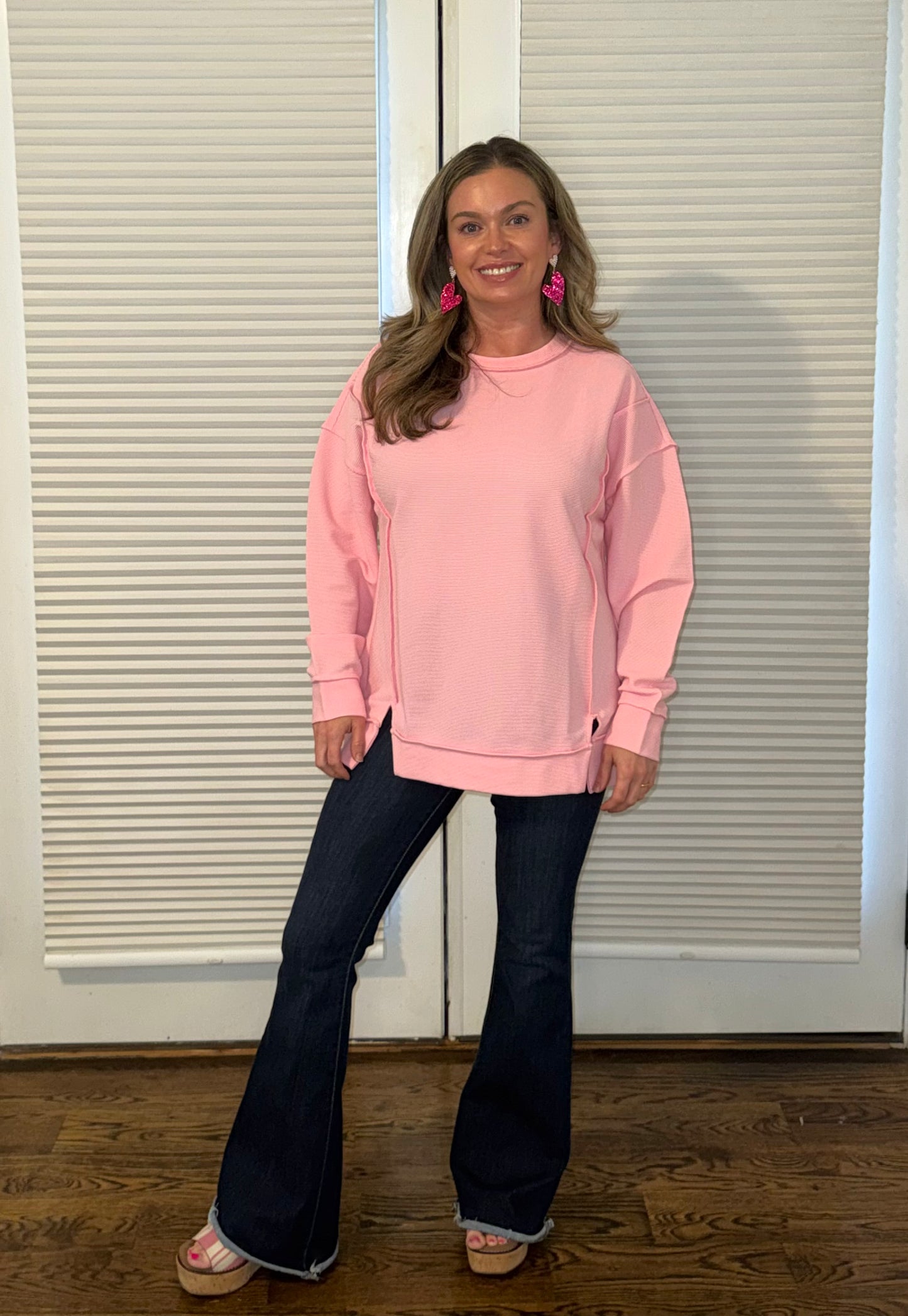 Pink Ribbed Exposed Seam Long Sleeve Pullover