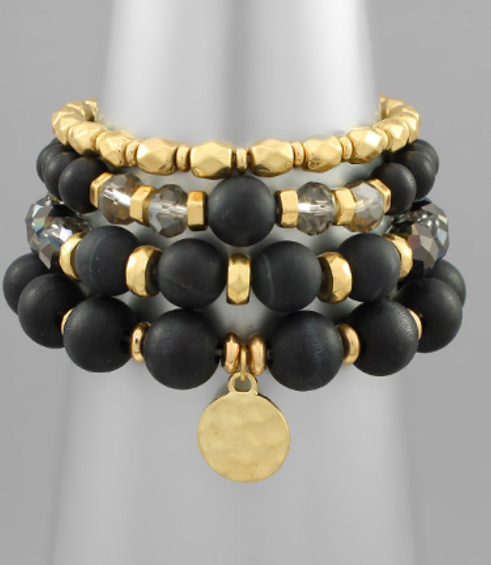 4 Row Stone & Wood Bead Bracelet