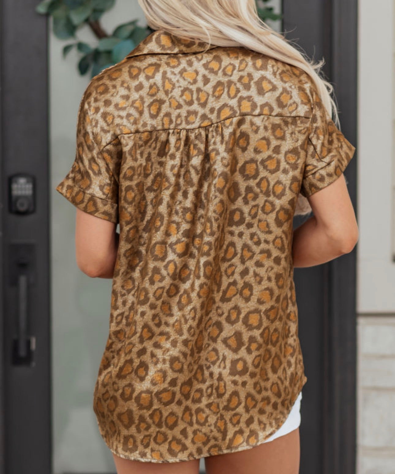 Gold Metallic Leopard Short Sleeve Button Up Top