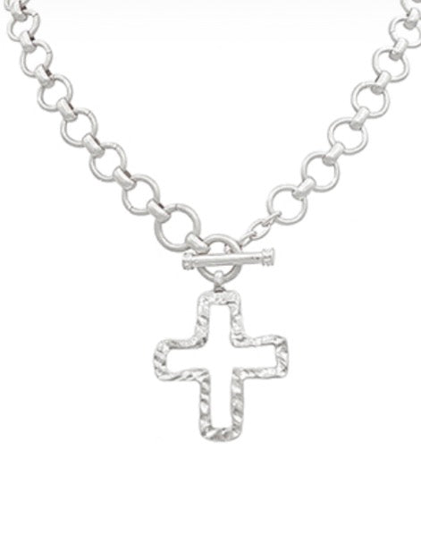 Hammered Outline Cross Necklace