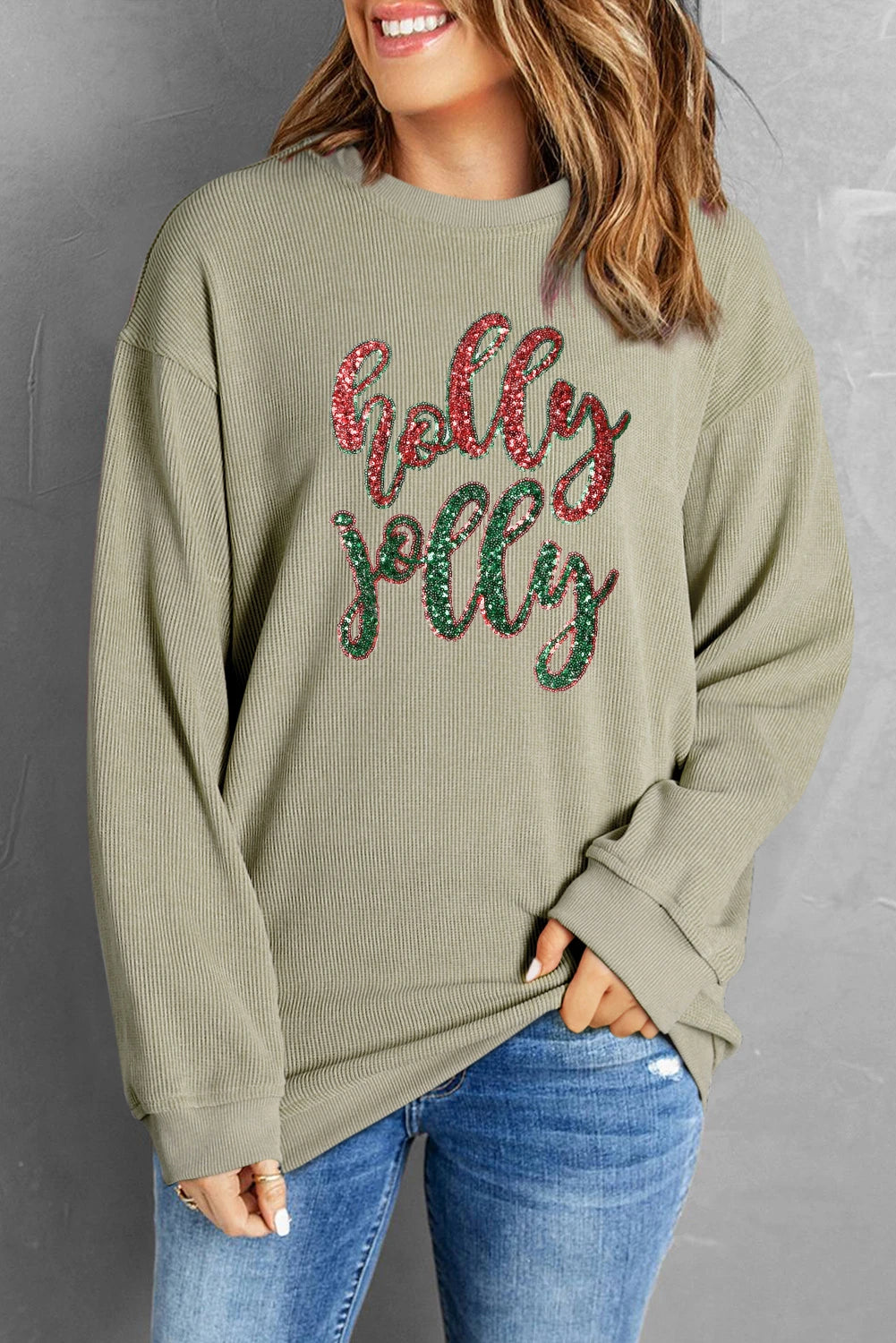 Green Sequined Holly Jolly Graphic Corded Christmas Sweatshirt