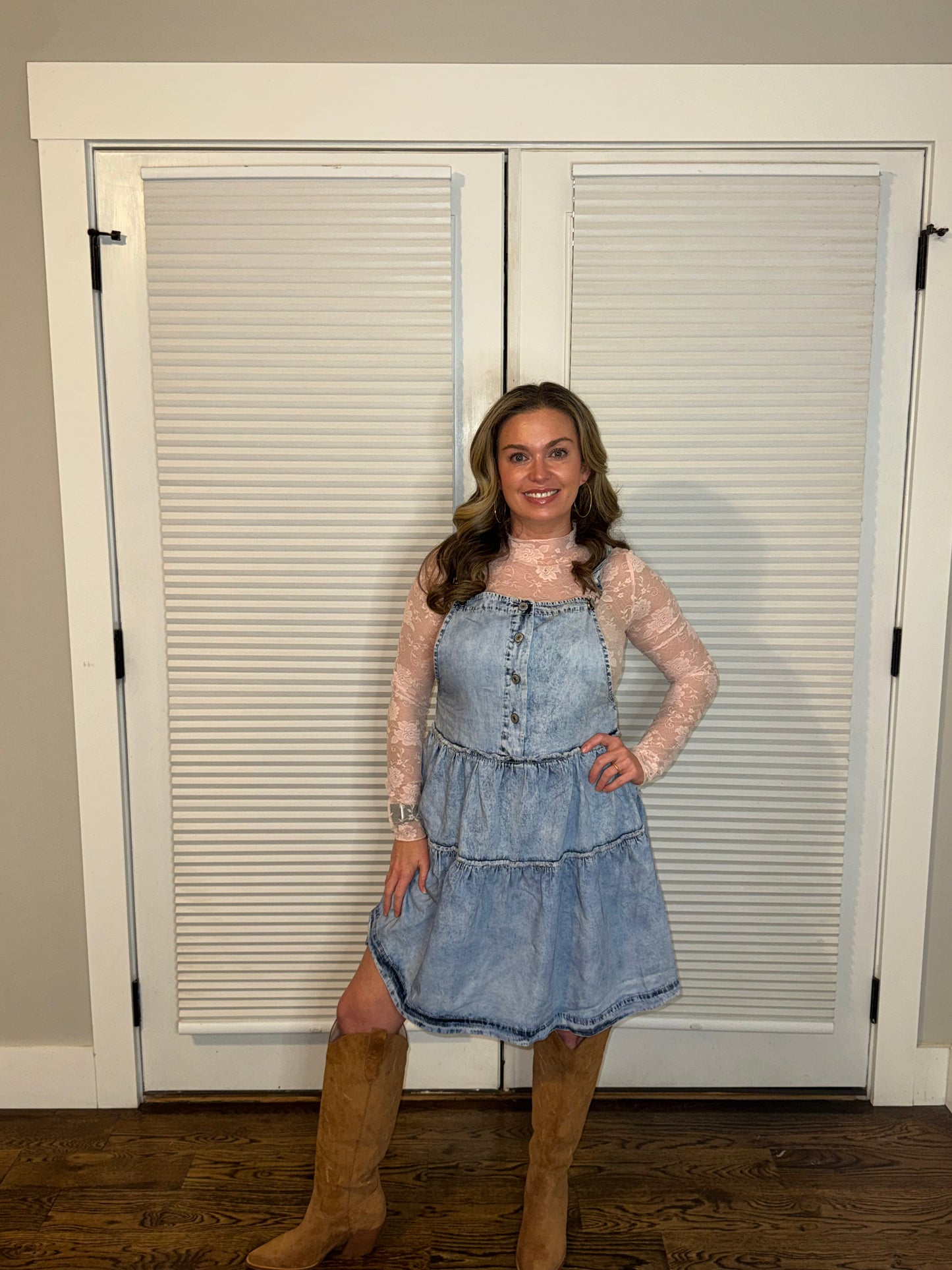 Blue Light Wash Tiered Flowy Overall Denim Dress