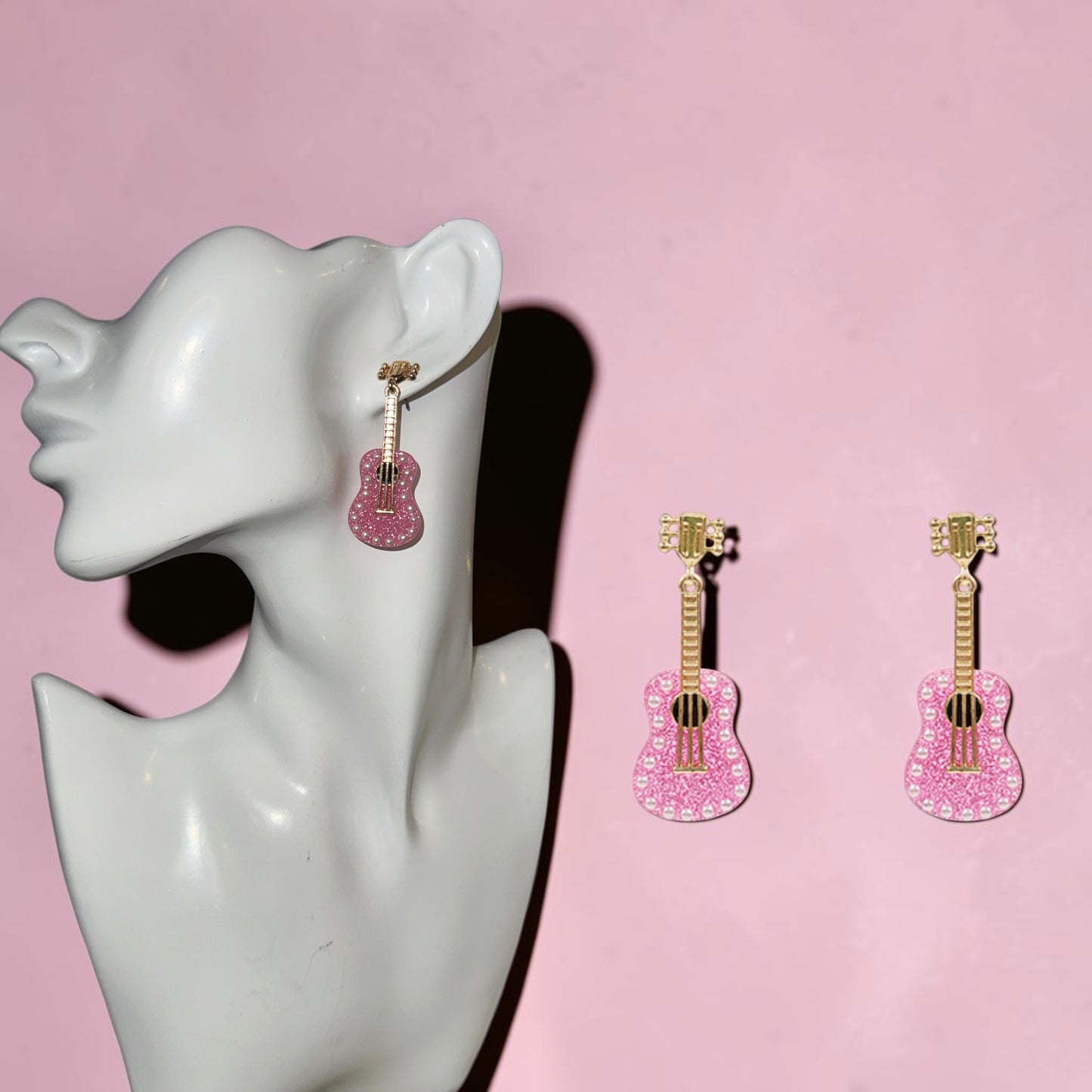 Pink & Gold Guitar Dangle Earrings
