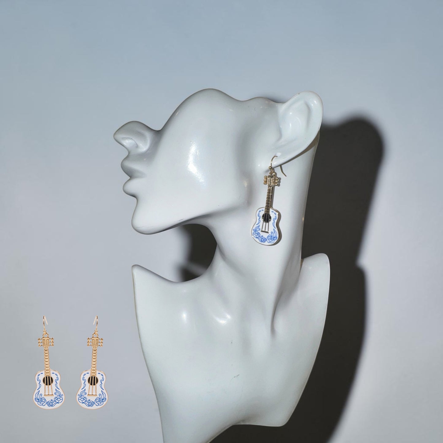 Blue, White, & Gold Guitar Dangle Earrings
