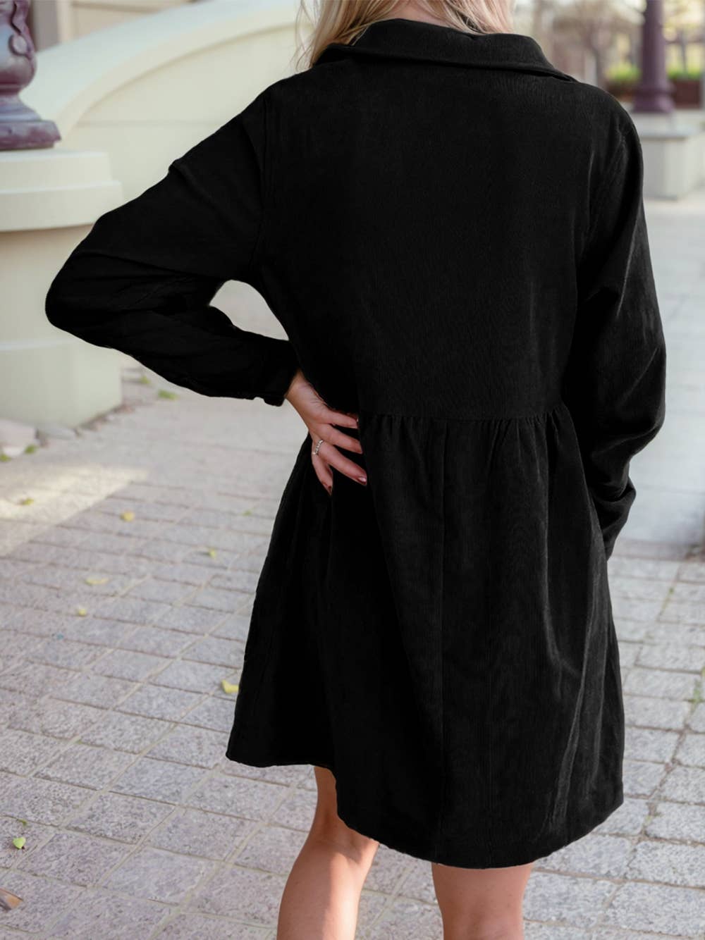 Corduroy Half Button Collared Long Sleeve Mini Dress