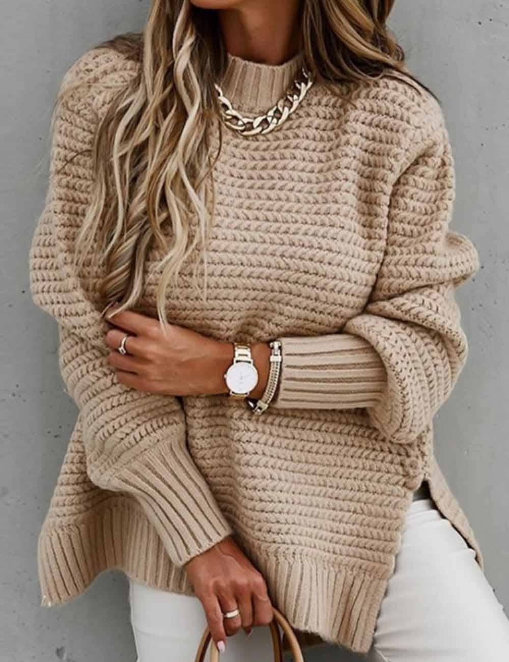 Ladies Solid Color Pullover Side Split Long Sleeves Sweater