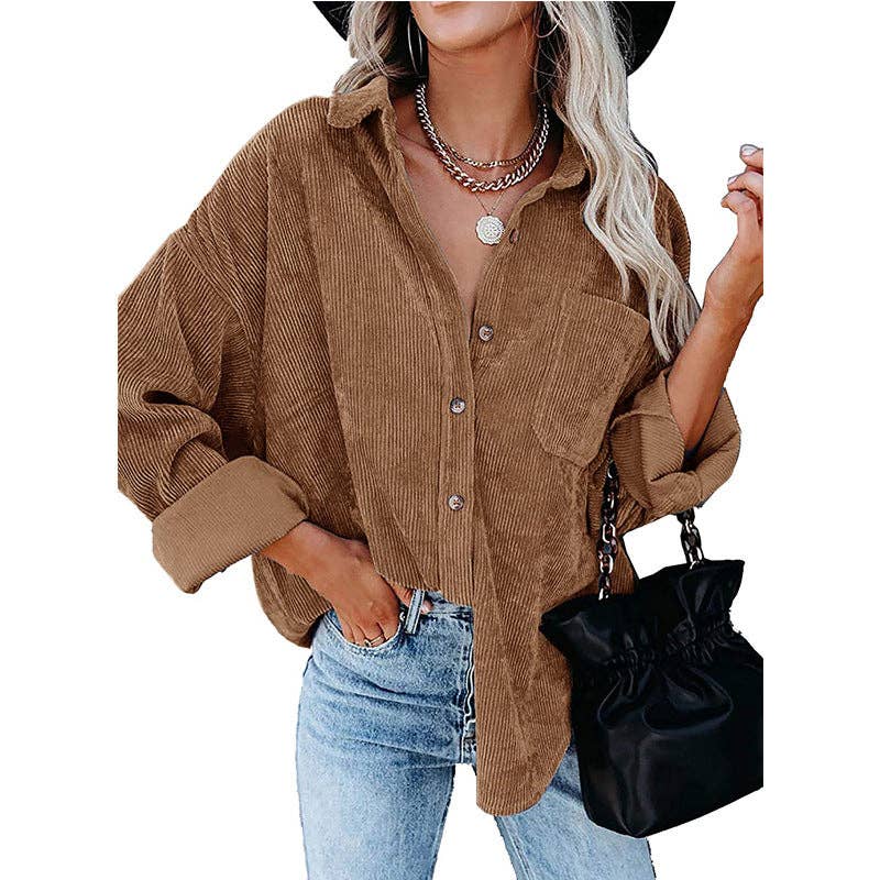 30% OFF - Oversized Corduroy Button-Up Shirt with Chest Pocket