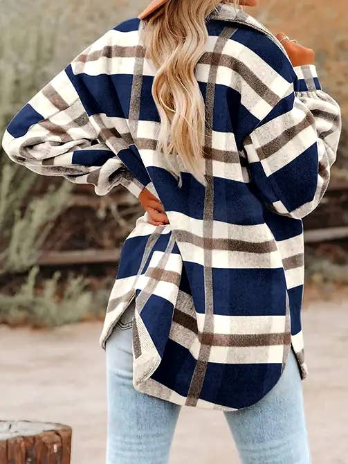 Navy Blue Plaid Button Flannel Shirt Jacket