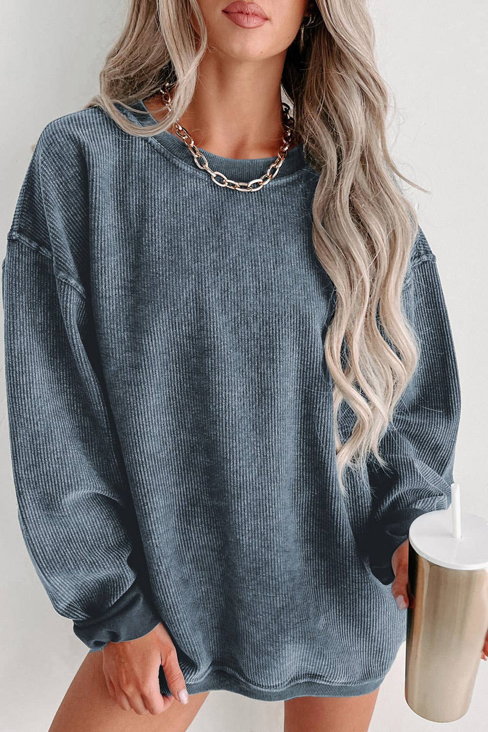 Round Neck Solid Ribbed Knit Pullover Sweatshirt