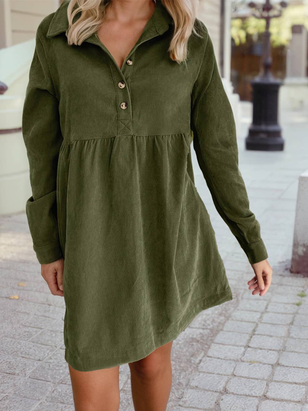 Corduroy Half Button Collared Long Sleeve Mini Dress