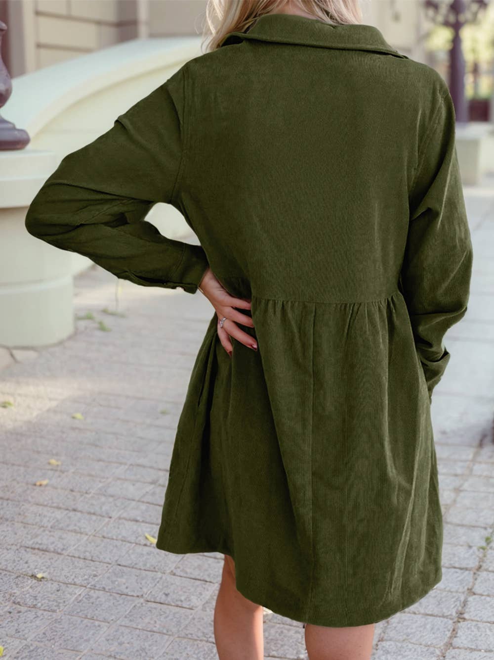 Corduroy Half Button Collared Long Sleeve Mini Dress