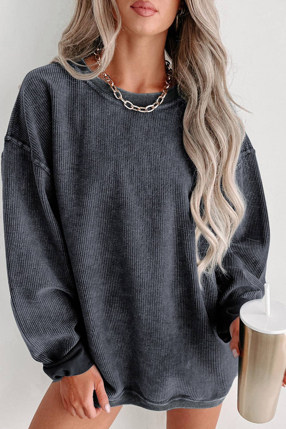 Round Neck Solid Ribbed Knit Pullover Sweatshirt