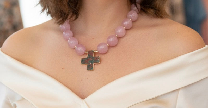 Beaded Cross Pendant Ball Necklace