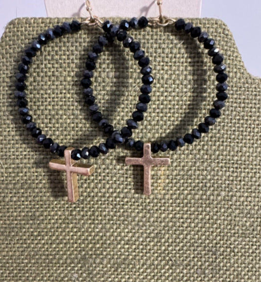 Black Beaded Cross Earrings