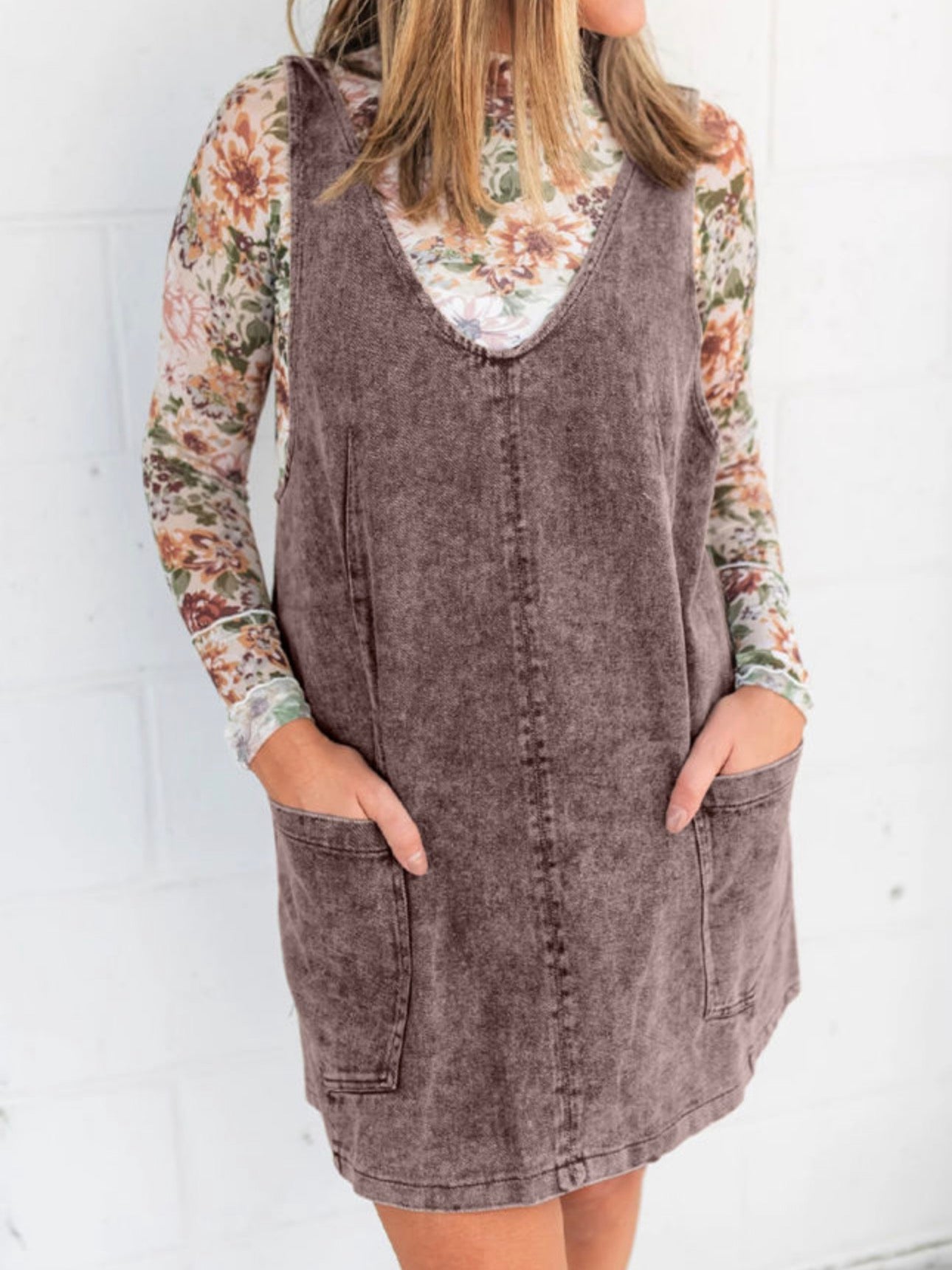 Vintage Washed Denim V Neck Suspender Mini Dress