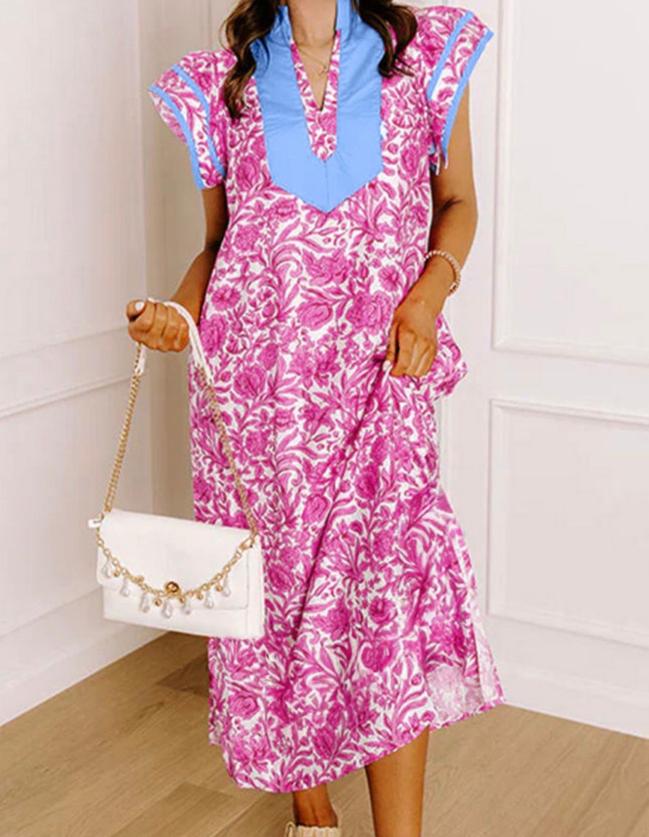 Pink Floral V Neck Midi Dress with Pockets