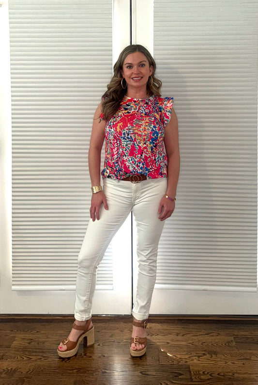 Pink Floral Tank With Ruffles