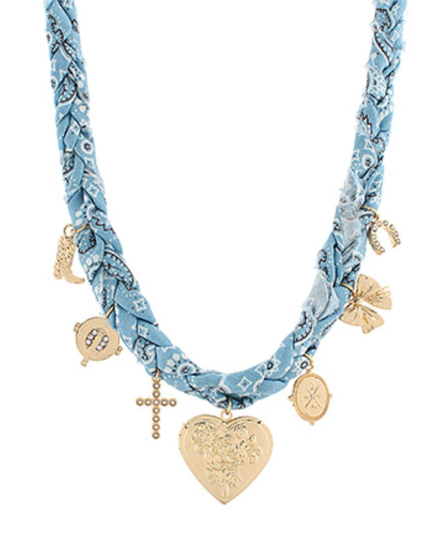 Heart & Multiple Charm Braided Scarf Necklace