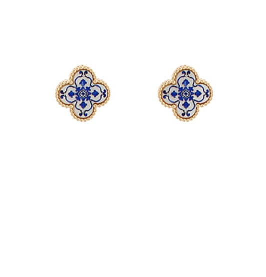 Blue Pattern Shell Clover Studs