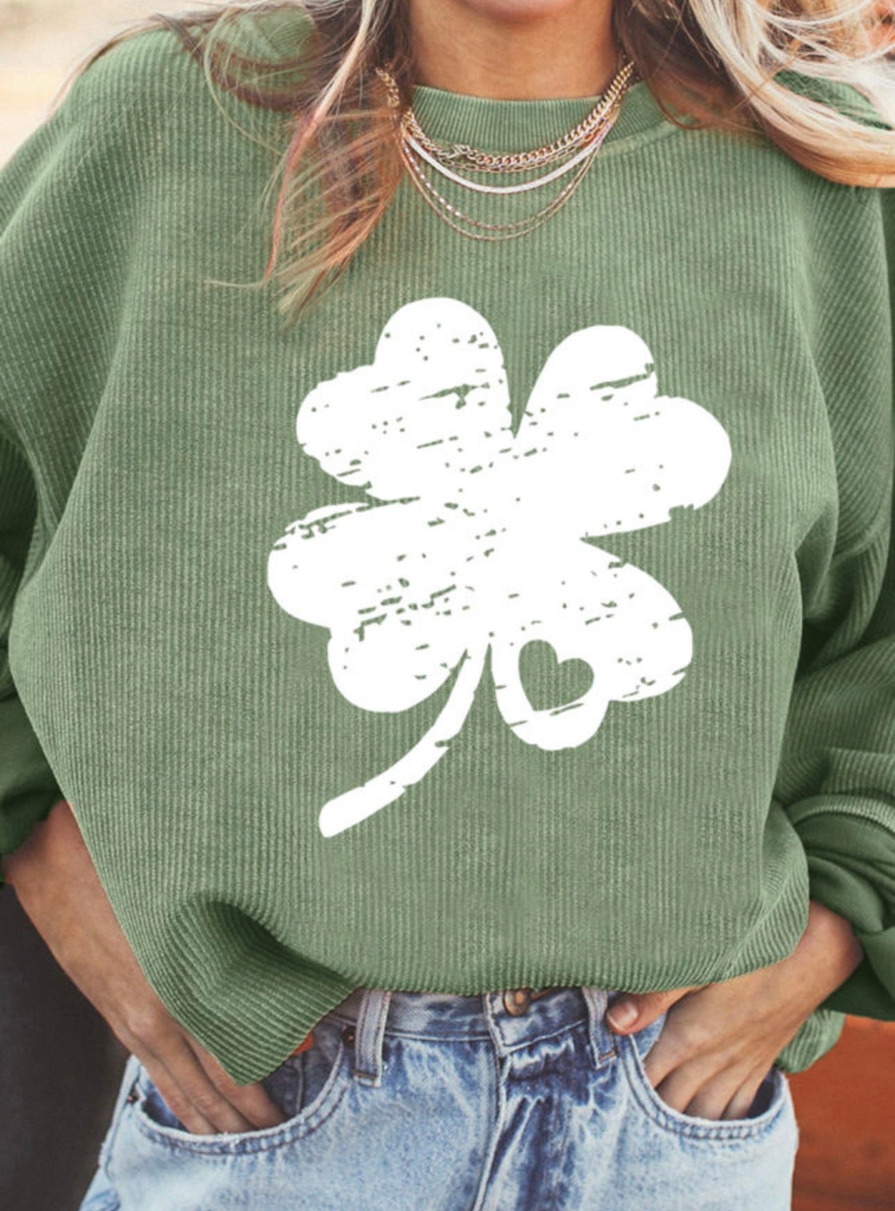 30% OFF - Green Corded Clover Print Saint Patrick’s Sweatshirt