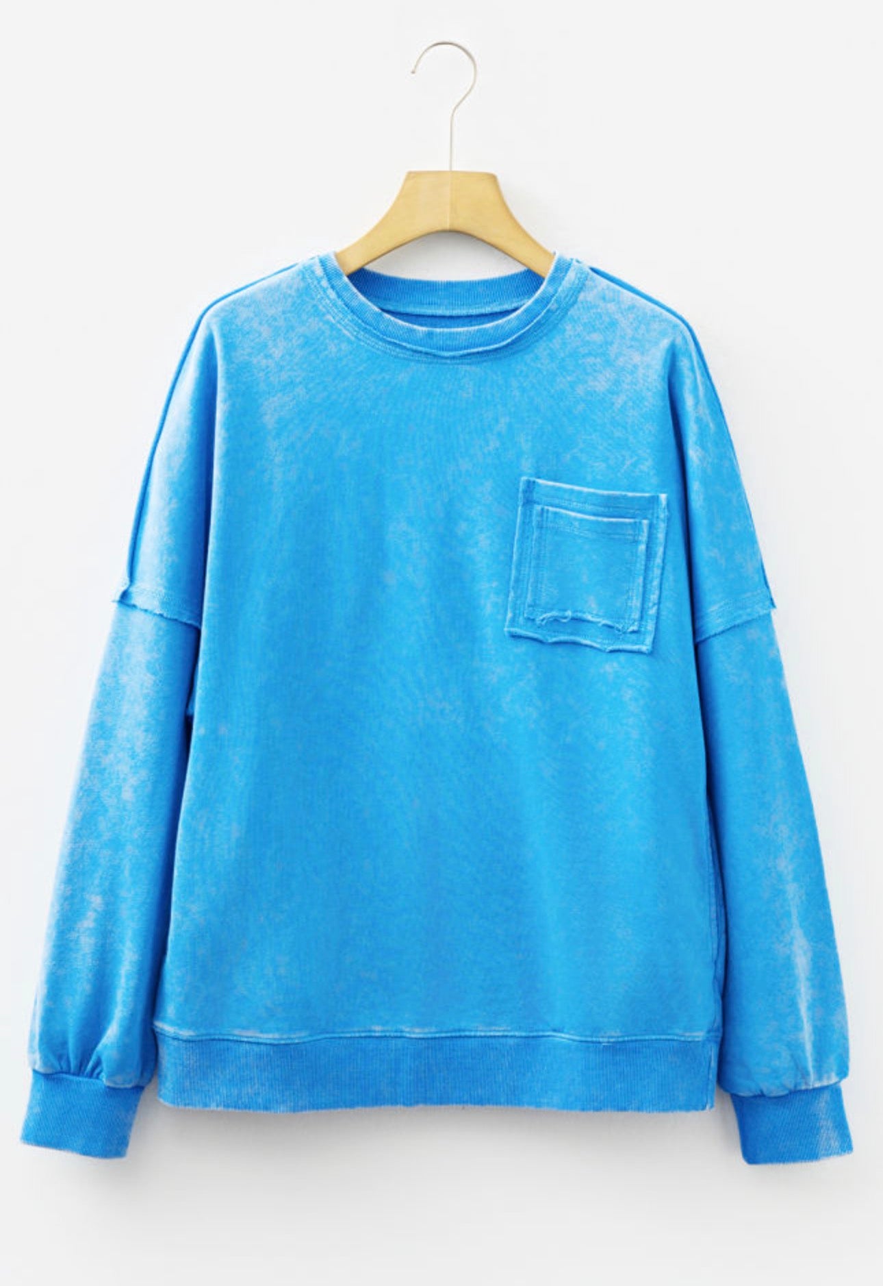 Blue Mineral Wash Raw Seam Double Patched Pocket Pullover Sweatshirt