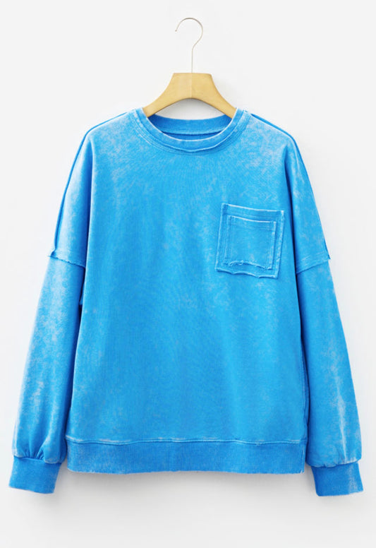 Blue Mineral Wash Raw Seam Double Patched Pocket Pullover Sweatshirt
