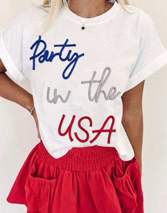 Party in the USA Graphic White Tee Dark Blue Tennis Skort