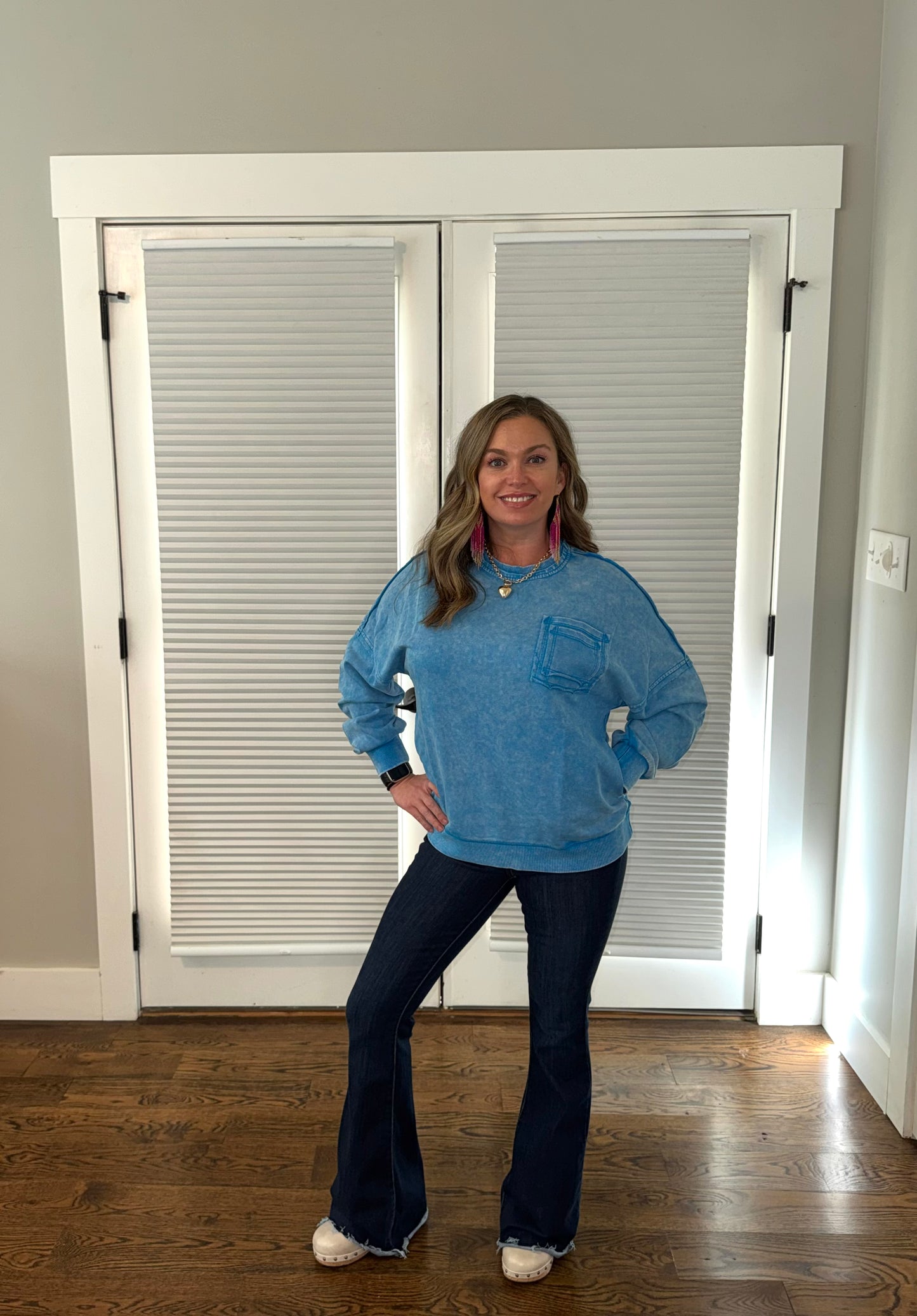 Blue Mineral Wash Raw Seam Double Patched Pocket Pullover Sweatshirt