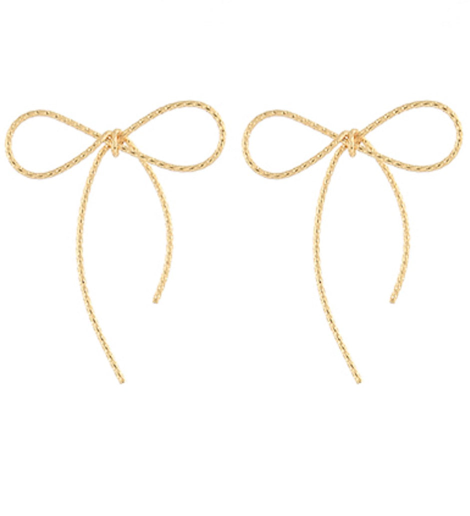 Gold Textured Wire Bow Earrings