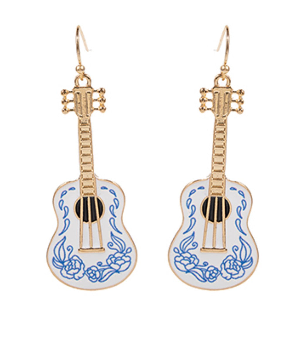 Blue, White, & Gold Guitar Dangle Earrings