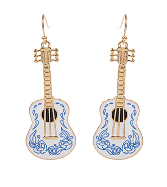 Blue, White, & Gold Guitar Dangle Earrings
