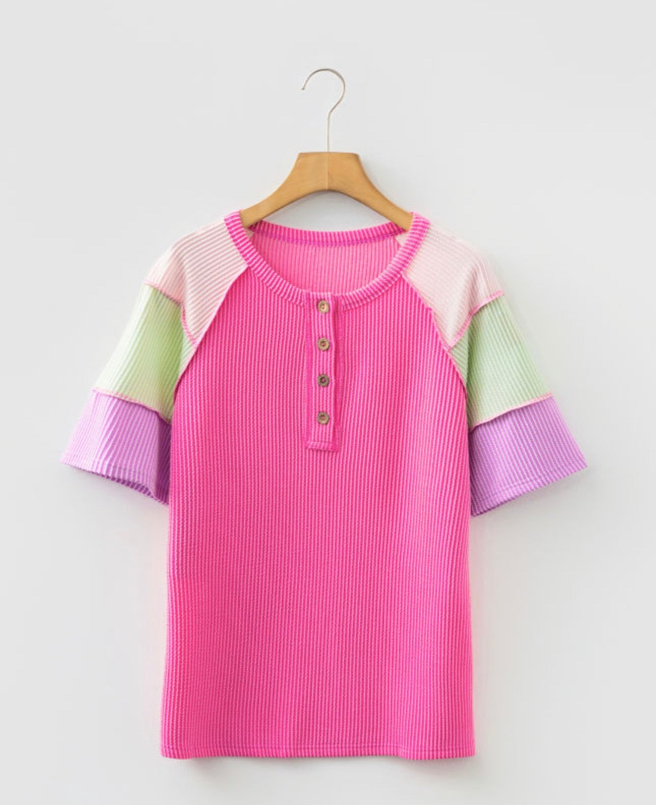 Pink Corded Henley Patchwork Top