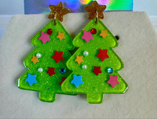 Lime Green Christmas Tree Earrings