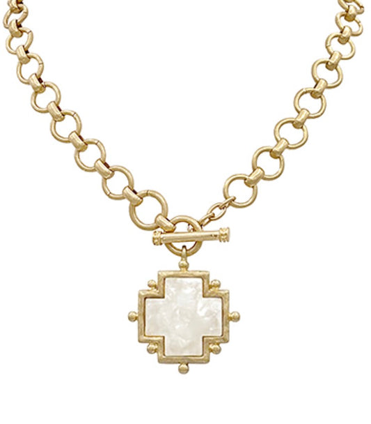 Gold & White Cross Necklace