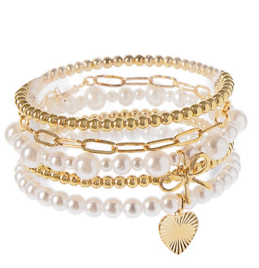5 Row Pearl & Bow Charm Bracelet