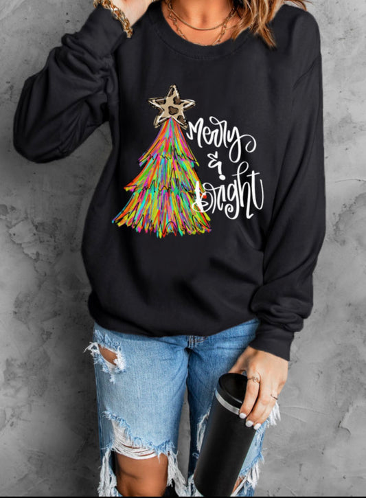 Black Merry & Bright Christmas Tree Graphic Sweatshirt