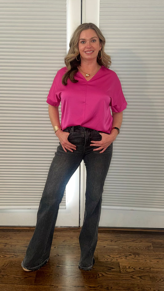 Bright Pink Silky V Neck Top