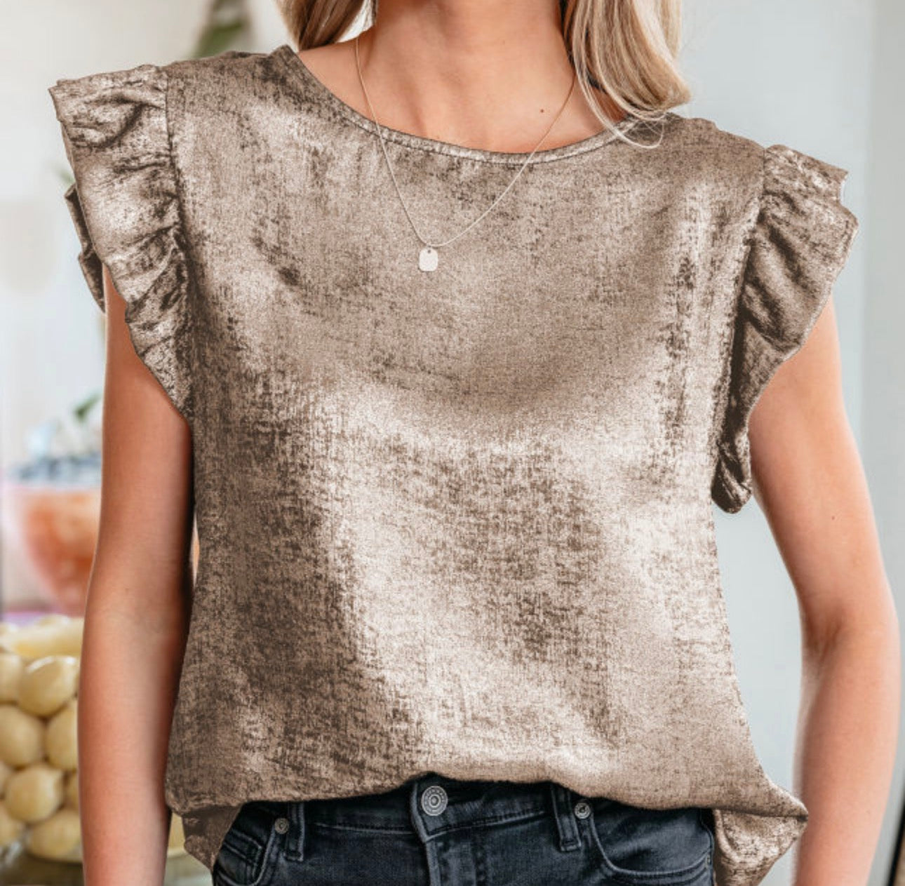 Metallic Round Neck Ruffle Trim Top