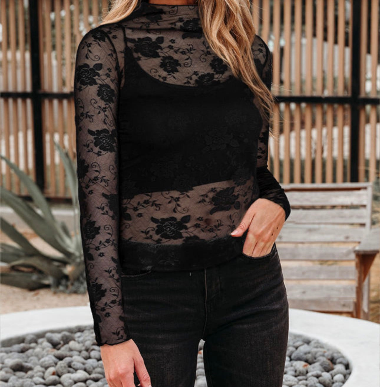 Sheer Floral Lace Mesh Mock Neck Long Sleeve Top